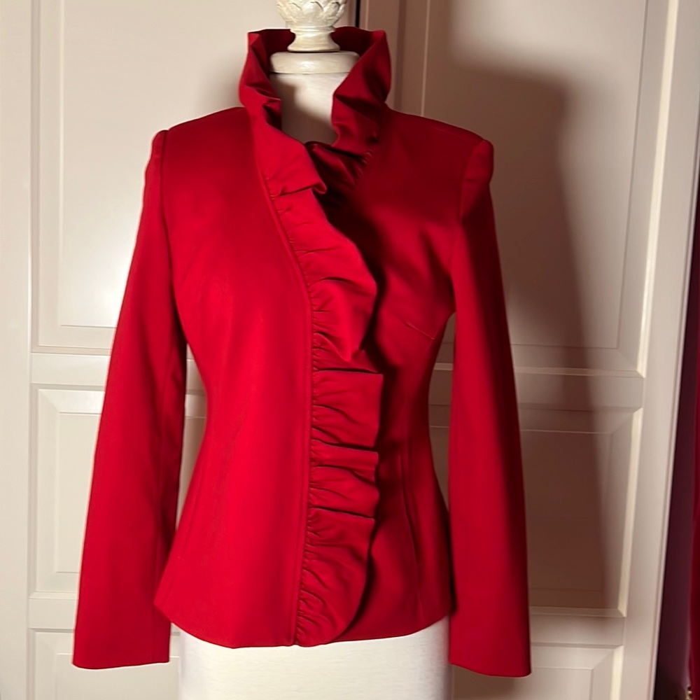 Inc International beautiful red ruffled jacket size petite small, Gently worn